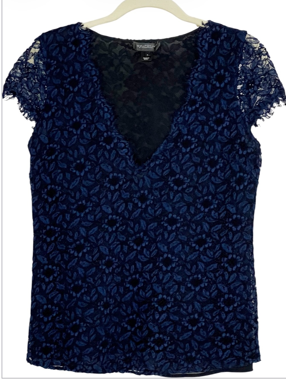 St. John Couture Blue/Black Lace V-neck Cap Sleeve Top Size 8